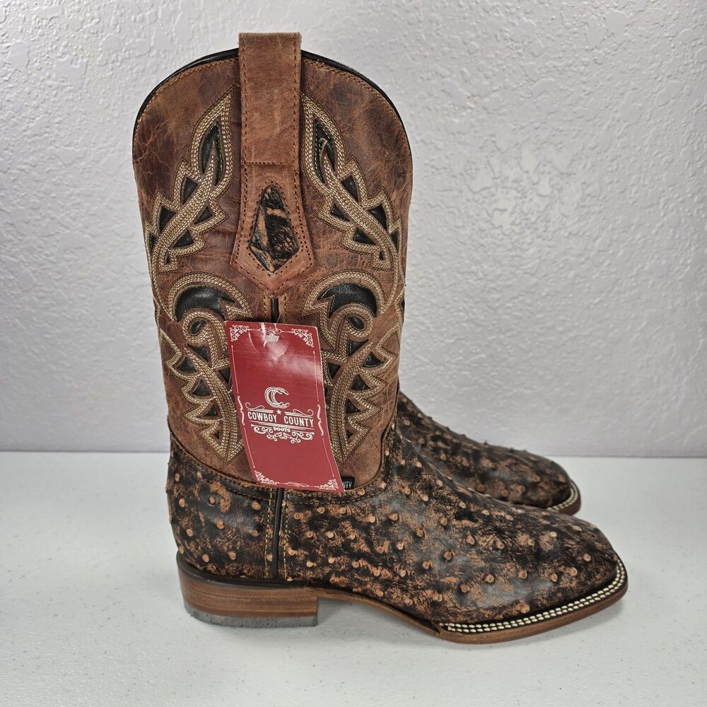 NWT Cowboy County Boots Mens 7.5 Brown Full Quill Ostrich Print Sqaure Toe